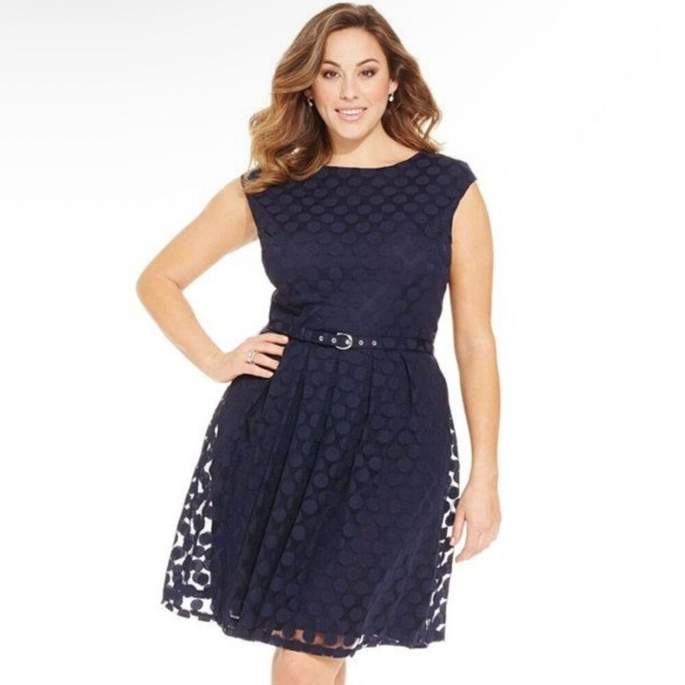 Alfani NWT Cap-Sleeve Polka Dot-Print Belted Dress in Navy - NEW - 3X